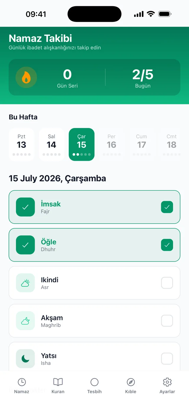 Kıble Yolu - Namaz Takibi ekranı